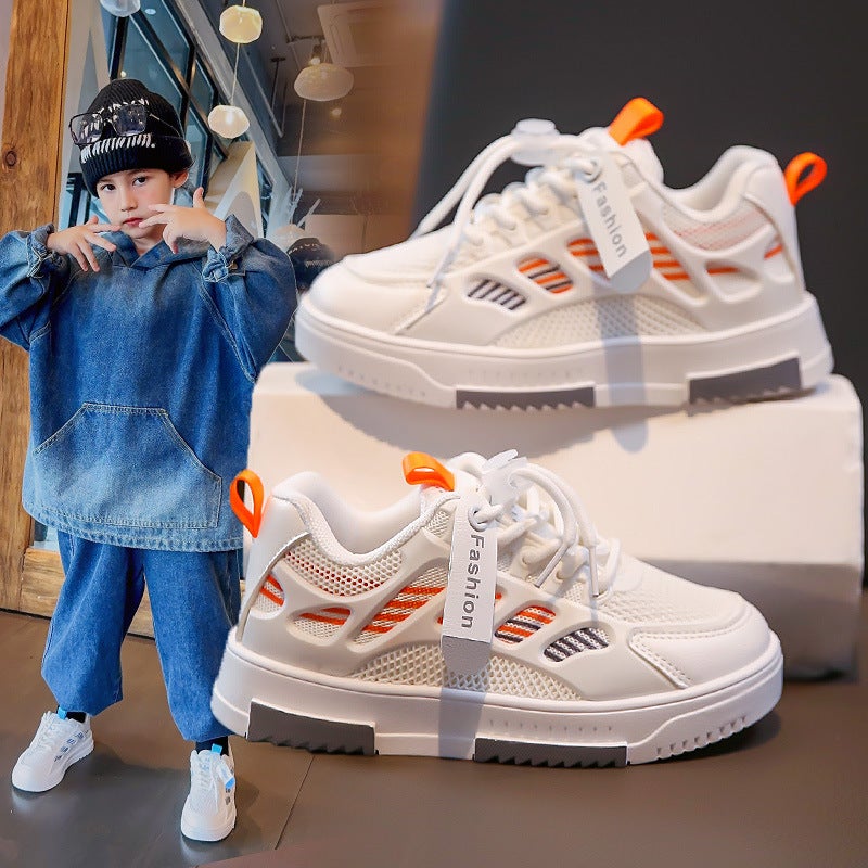 Kids Fashion Sneakers 2024 Spring Autumn Soft Sole White Orange 