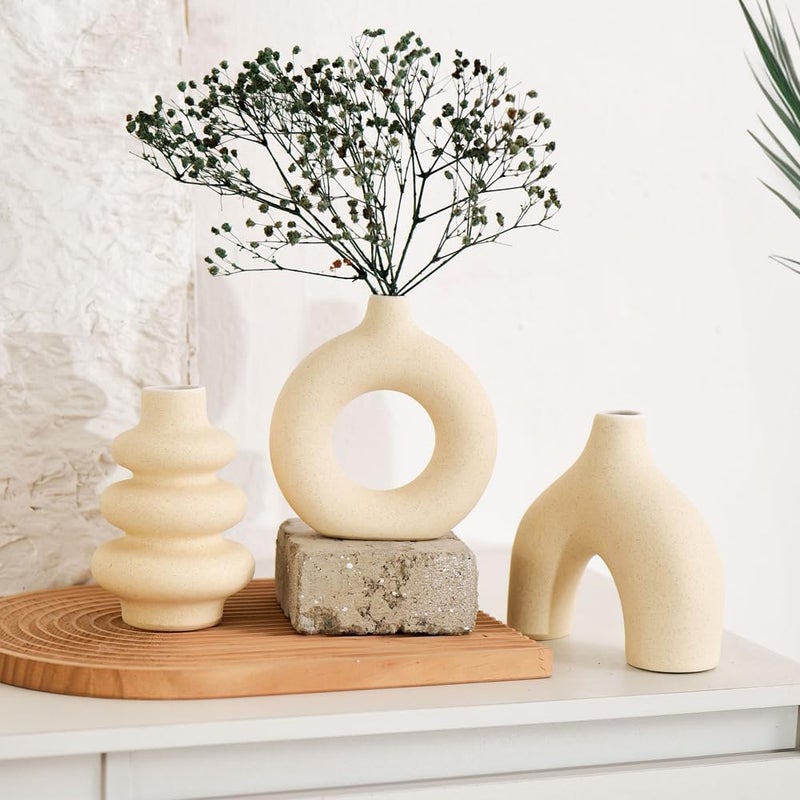 CozyNook Set of 3 Hollow Ceramic Vases, Nordic Boho Modern Decorative Flower Vases for Living Room, Dining Table, Office & Home Decor (Creamy) - Image 2