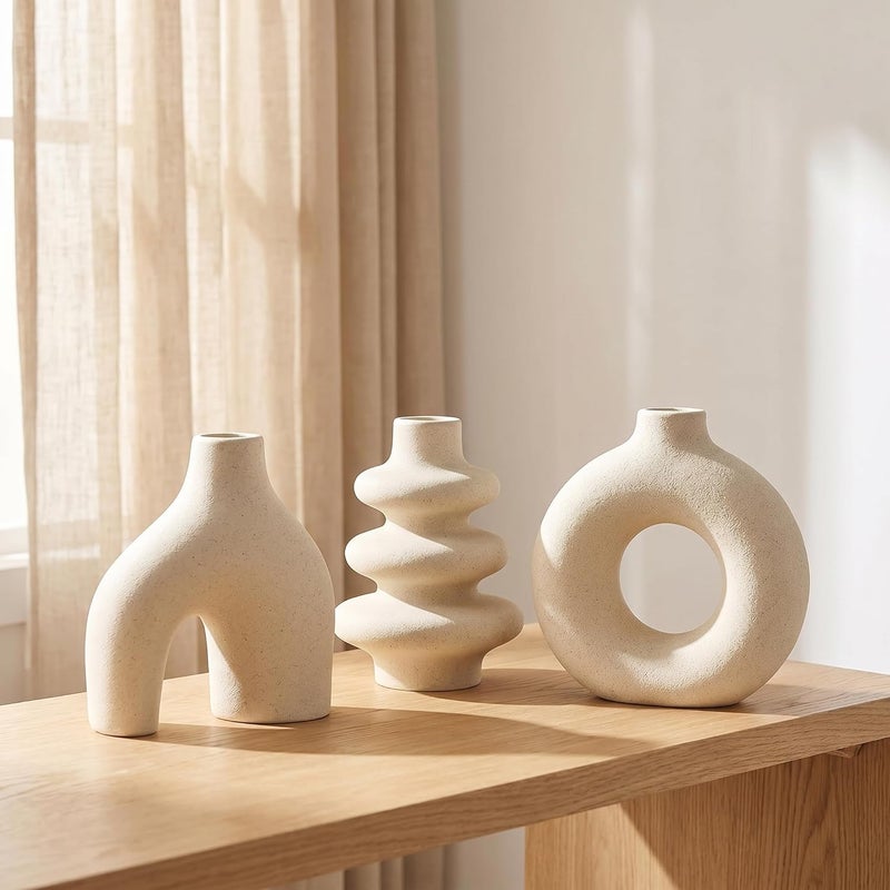 CozyNook Set of 3 Hollow Ceramic Vases, Nordic Boho Modern Decorative Flower Vases for Living Room, Dining Table, Office & Home Decor (Creamy) - Image 5