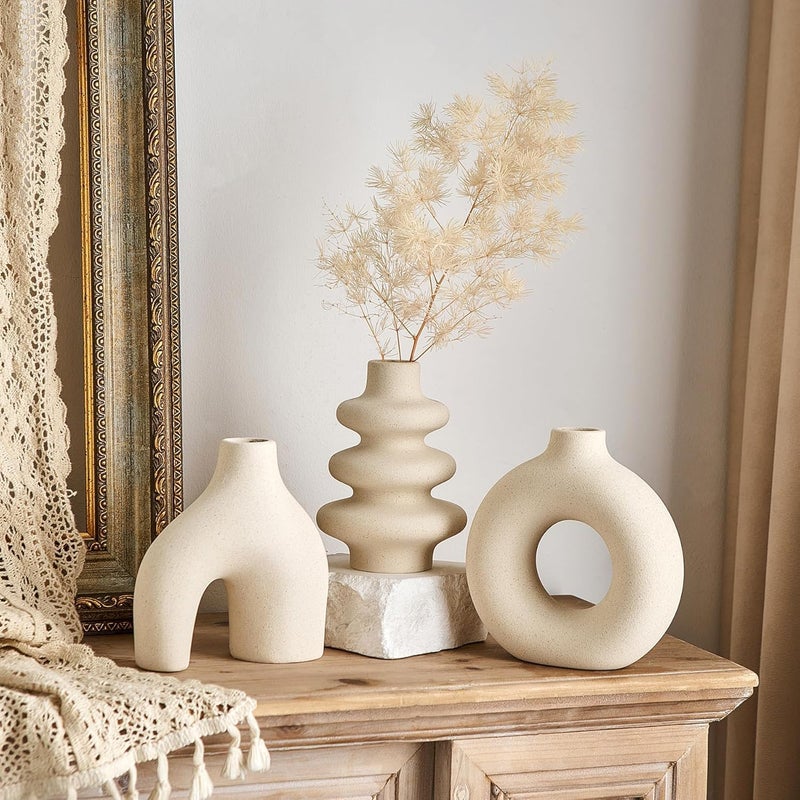 CozyNook Set of 3 Hollow Ceramic Vases, Nordic Boho Modern Decorative Flower Vases for Living Room, Dining Table, Office & Home Decor (Creamy) - Image 1
