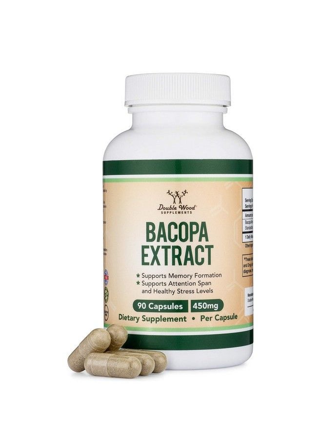 Bacopa Monnieri Capsules 20% Bacosides 450Mg 90 Count (Manufactured In Usa Nongmo Gluten Free) Brahmi Extract (Memory Supplement For Brain Health Focus And Cognitive Function) By Double Wood