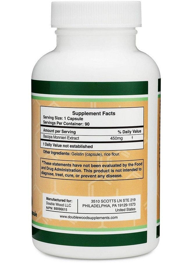 Bacopa Monnieri Capsules 20% Bacosides 450Mg 90 Count (Manufactured In Usa Nongmo Gluten Free) Brahmi Extract (Memory Supplement For Brain Health Focus And Cognitive Function) By Double Wood