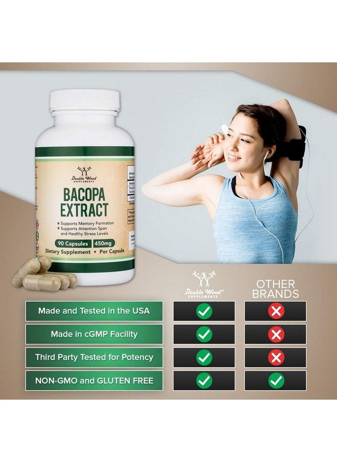 Bacopa Monnieri Capsules 20% Bacosides 450Mg 90 Count (Manufactured In Usa Nongmo Gluten Free) Brahmi Extract (Memory Supplement For Brain Health Focus And Cognitive Function) By Double Wood