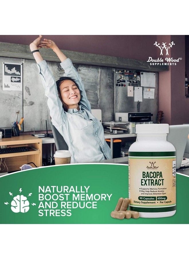 Bacopa Monnieri Capsules 20% Bacosides 450Mg 90 Count (Manufactured In Usa Nongmo Gluten Free) Brahmi Extract (Memory Supplement For Brain Health Focus And Cognitive Function) By Double Wood