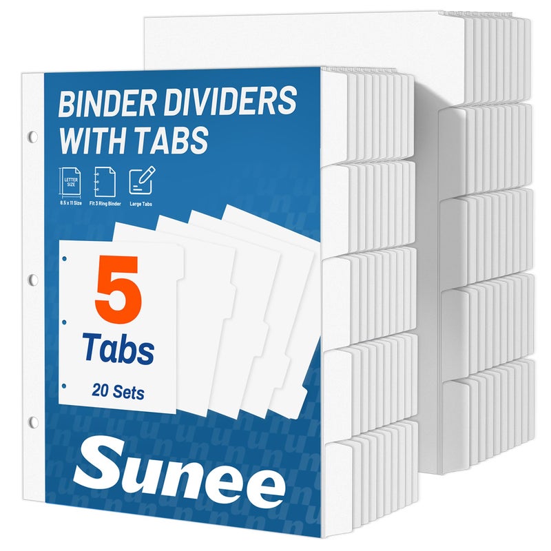 SUNEE Binder Dividers with Tabs for 3 Ring Binder, 8.5 x 11 Paper White Binder Dividers Blank with 5 Tabs, 20 Sets Page Dividers for School, Office and Home, 100 Dividers - Image 1