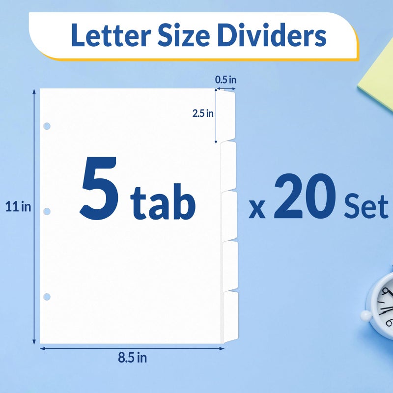 SUNEE Binder Dividers with Tabs for 3 Ring Binder, 8.5 x 11 Paper White Binder Dividers Blank with 5 Tabs, 20 Sets Page Dividers for School, Office and Home, 100 Dividers - Image 2