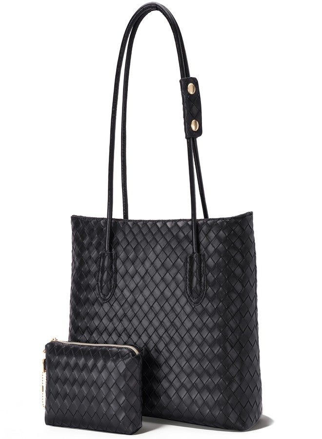 Toptime Woven Tote Bags for Women, Vegan Leather Shoulder Bag with Zipper and Matching Pouch, Large Capacity Women's Handbag Velvet Lining Design Weekender Bag for Work Travel Shopping (Black) - Image 1