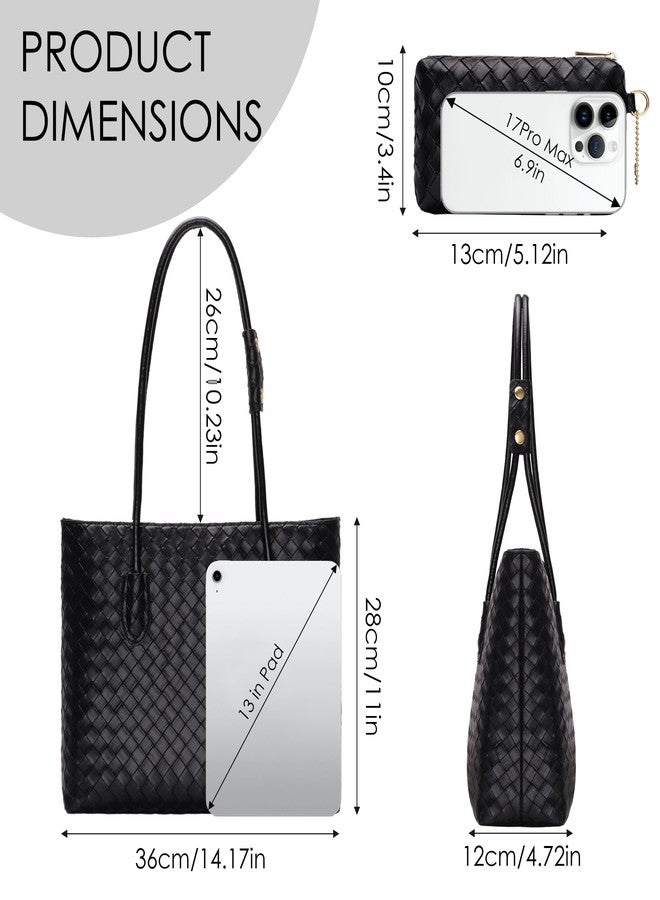 Toptime Woven Tote Bags for Women, Vegan Leather Shoulder Bag with Zipper and Matching Pouch, Large Capacity Women's Handbag Velvet Lining Design Weekender Bag for Work Travel Shopping (Black) - Image 4