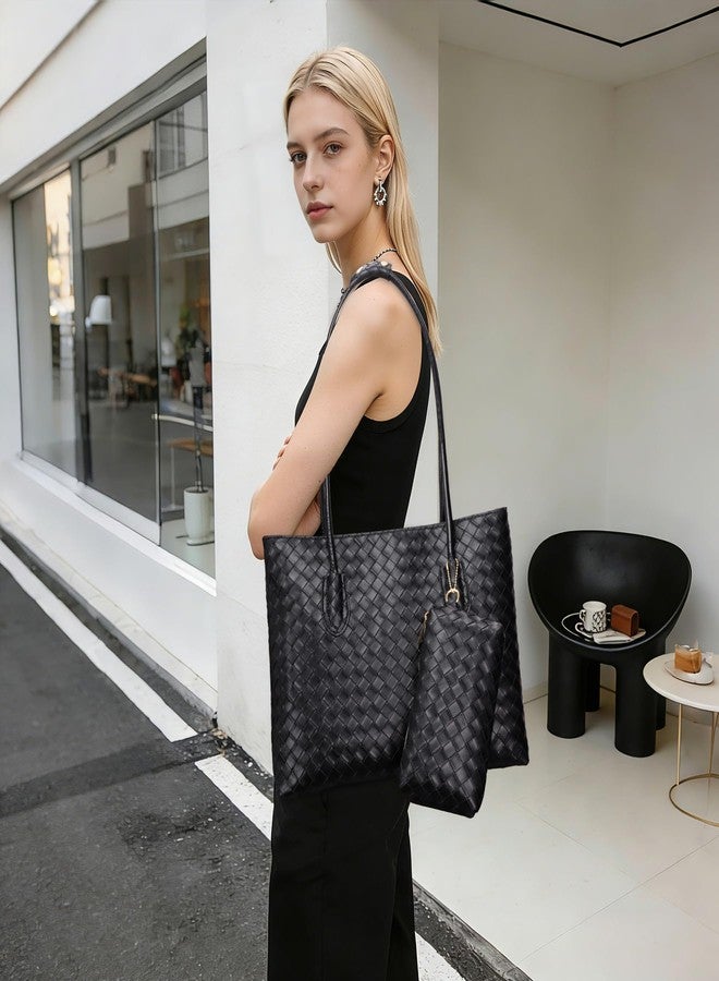 Toptime Woven Tote Bags for Women, Vegan Leather Shoulder Bag with Zipper and Matching Pouch, Large Capacity Women's Handbag Velvet Lining Design Weekender Bag for Work Travel Shopping (Black) - Image 2