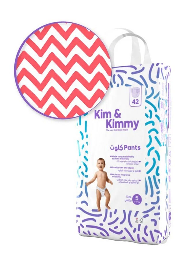 Kim & Kimmy Pant Style Diapers, 42 Pieces, Size 5, 12 to 17kg - Wetness Indicator, 12Hrs Leak Protection, Comfy Fit