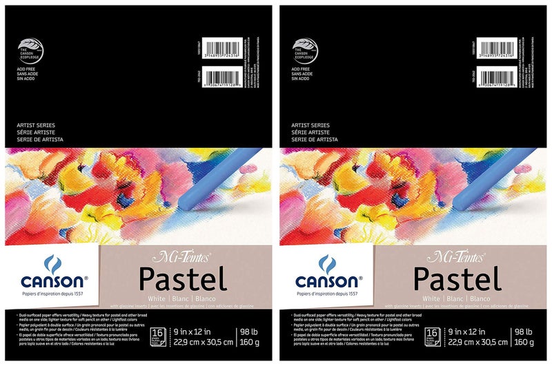 CANSON 2Pack  Canson MiTeintes Pastel Paper Pad White with Glassine Dual Sided Light and Heavy Texture Top Wire Bound 98 Pound 9 x 12 Inch White 16 Sheets Each Pack