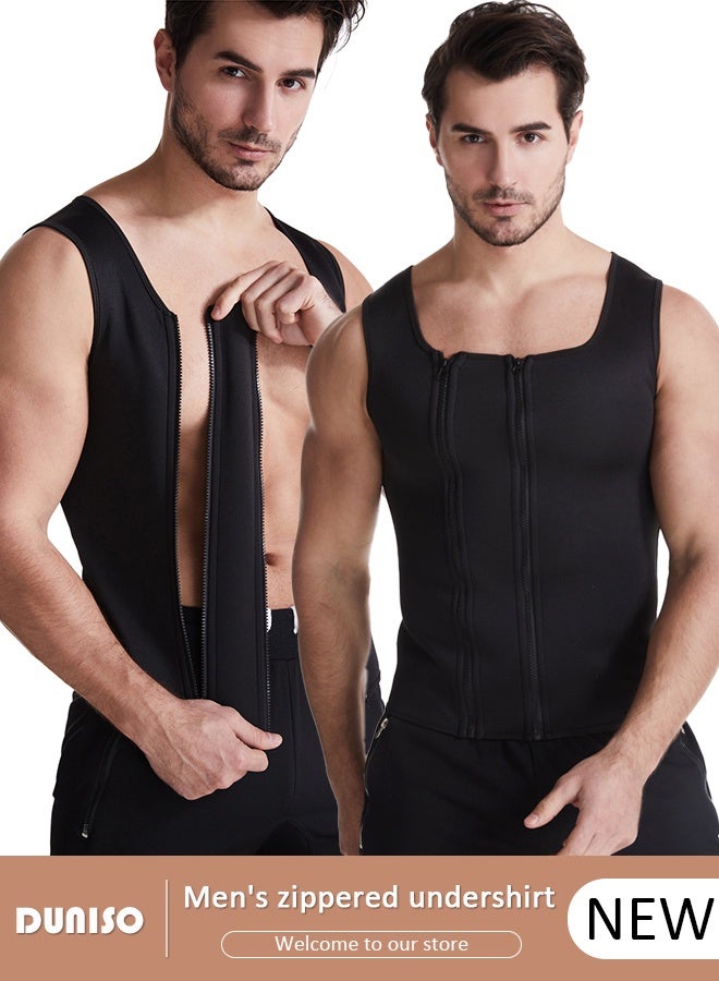 DUNISO Men's Sports Compression Shirt Slimming Body Shaper Vest Waist Trainer with Double Zipper Workout Tank Tops Tummy Control Shapewear Back Support Tight Undershirts Gym Clothes Corset - Image 1