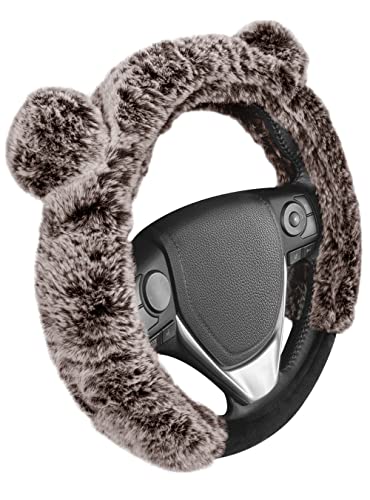 BDK Bear Fur Steering Wheel Cover, Plush Faux Fur Fuzzy Steering Cover for Car Truck Van SUV, Standard Size Fits Wheels 14.5-15 in Diameter, Brown with Ears - Image 1
