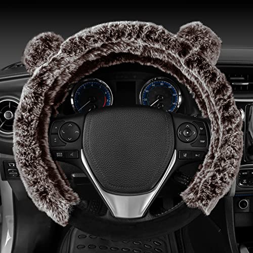 BDK Bear Fur Steering Wheel Cover, Plush Faux Fur Fuzzy Steering Cover for Car Truck Van SUV, Standard Size Fits Wheels 14.5-15 in Diameter, Brown with Ears - Image 4