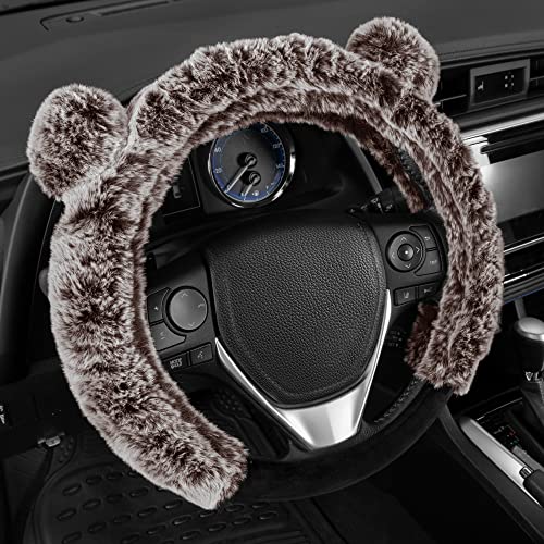 BDK Bear Fur Steering Wheel Cover, Plush Faux Fur Fuzzy Steering Cover for Car Truck Van SUV, Standard Size Fits Wheels 14.5-15 in Diameter, Brown with Ears - Image 3
