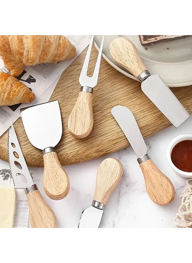 Acacia Wood Stainless Steel Cheese Knife Cream Knife Butter Knife Small Fork Baking Tool Color Box Set - Image 3