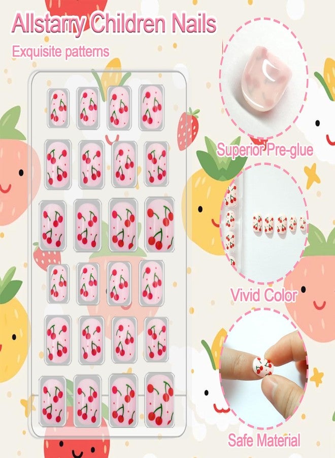 Allstarry 72pcs 3 pack Children Nails Press on Pre-glue Full Cover Glitter Cherry Strawberry Pink Short False Nail Kits Lovely Gift for Children Little Girls Nail Art Decoration - Rainbow Candy - Image 2