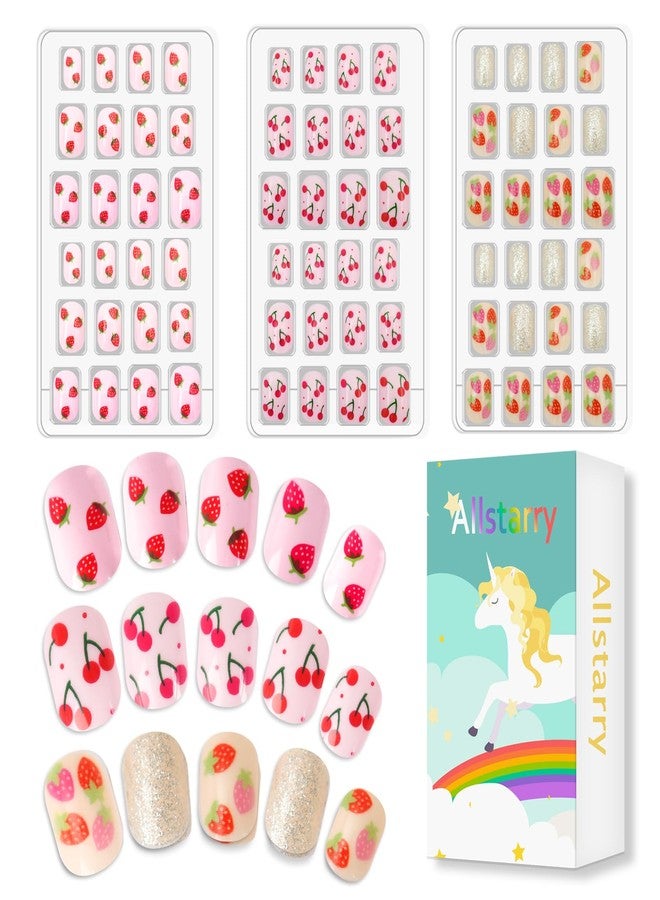 Allstarry 72pcs 3 pack Children Nails Press on Pre-glue Full Cover Glitter Cherry Strawberry Pink Short False Nail Kits Lovely Gift for Children Little Girls Nail Art Decoration - Rainbow Candy - Image 1