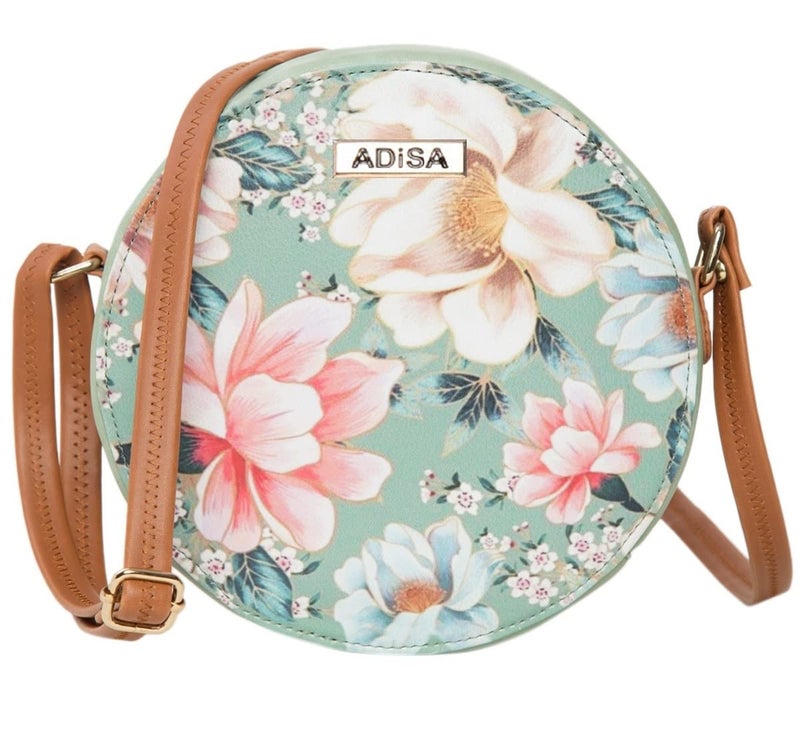 ADISA Women Girls Flower Print Sling Bag Round Crossbody Purse (SL6007-GRN_Green) - Image 1