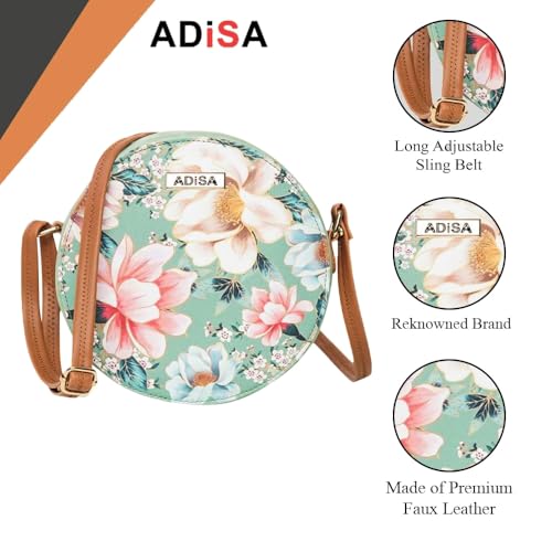 ADISA Women Girls Flower Print Sling Bag Round Crossbody Purse (SL6007-GRN_Green) - Image 3
