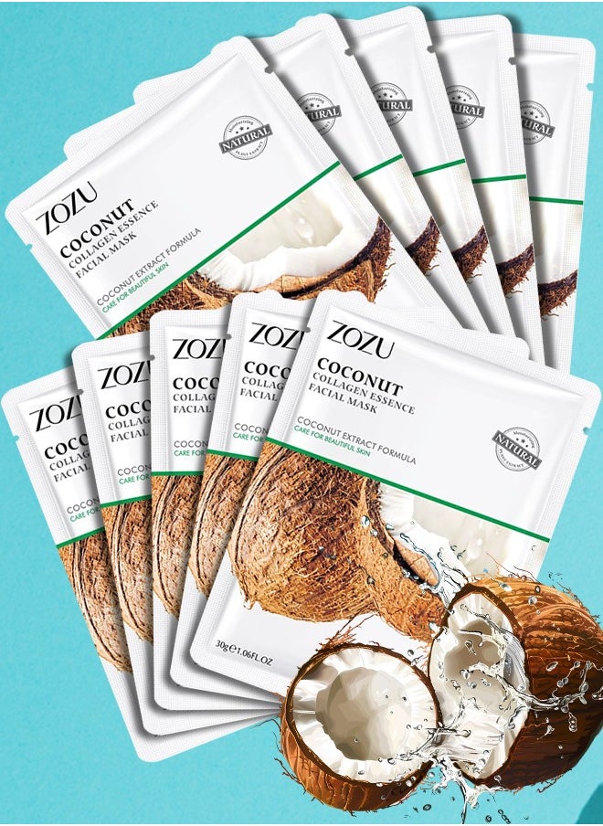 Zozu 10 Pcs Coconut Collagen Essence Facial Mask Set Soothing Refreshing Nourishing Moisturizing Repairing Skincare Face Mask Sheet for Women and Men Hydrating Skin care Facial Sheet Masks with Coconut Extract  - Image 1