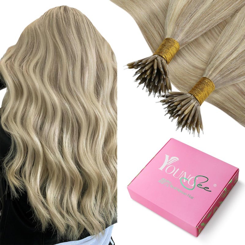 YoungSee Nano Ring Hair Extensions Dark Ash Blonde Highlights Golden Blonde 24 inch 50g 50sCold FusionPre Bonded Hair Extensions
