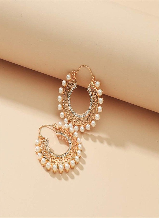 Dtja Vintage Pearl Filigree Hoop Earrings for Women Imitation Cubic Zirconia Gold Dangle Statement Drop Huggie Big Hoops Hypoallergenic Bohemian Jewelry Dainty Party Wedding - Image 3