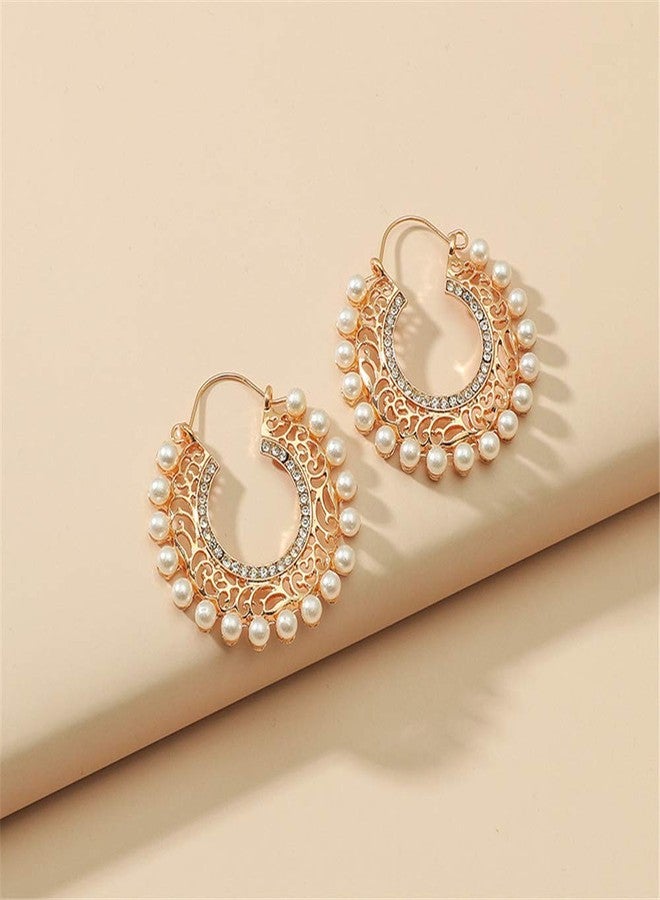 Dtja Vintage Pearl Filigree Hoop Earrings for Women Imitation Cubic Zirconia Gold Dangle Statement Drop Huggie Big Hoops Hypoallergenic Bohemian Jewelry Dainty Party Wedding - Image 4
