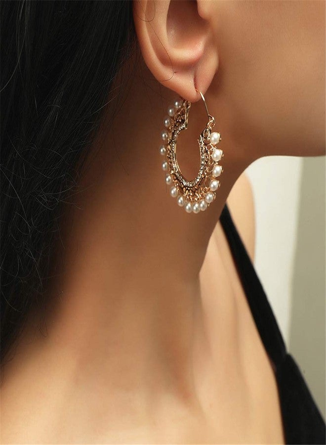 Dtja Vintage Pearl Filigree Hoop Earrings for Women Imitation Cubic Zirconia Gold Dangle Statement Drop Huggie Big Hoops Hypoallergenic Bohemian Jewelry Dainty Party Wedding - Image 2