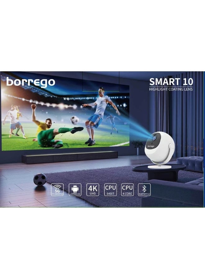 Borrego Smart10 Portable Projector with 360° Rotation, 4K Support, 220 Lumens, Auto Keystone, WiFi, Bluetooth, Built-in Apps, HDMI and Android 11.1 Compatibility, White