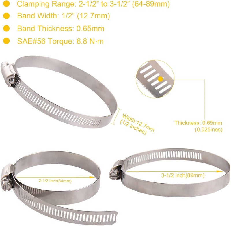 WIN-LONG 3'' Stainless Steel Hose Clamps, 10PK SAE 48 Worm Gear Drive Hose Clamps Clamping Range 2 1/2 to 3 1/2 Inch (64-89mm) for Automotive Plumbing, 2 3/4'', 3 1/4'' clamps - Image 3