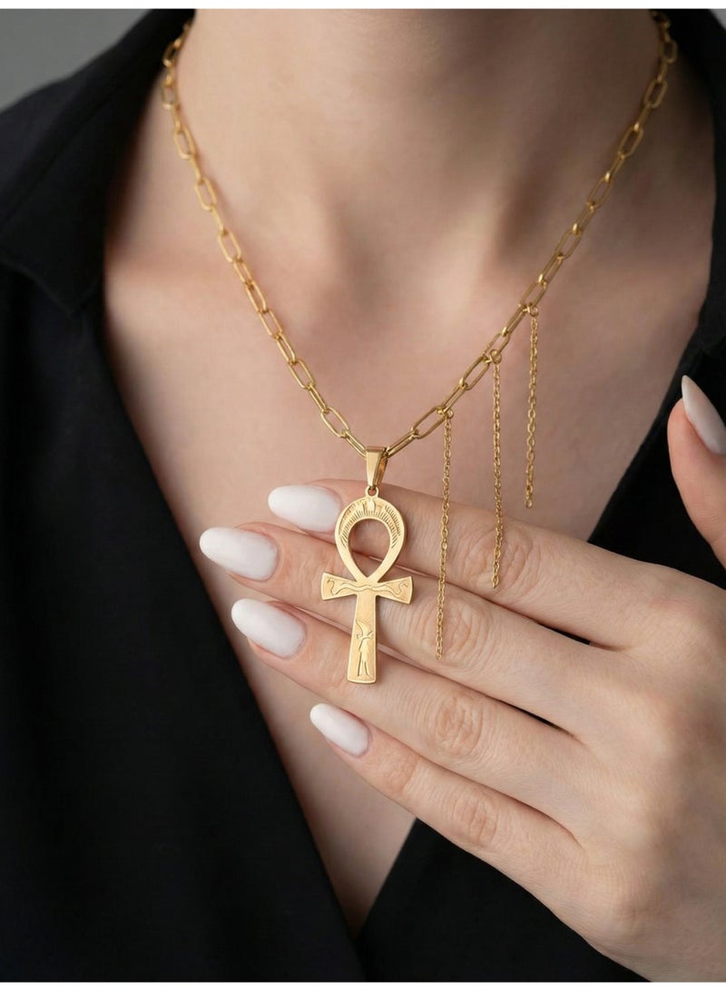 Ancient Egyptian Ankh Necklace – Gold Stainless Steel Key of Life Pendant - Image 1