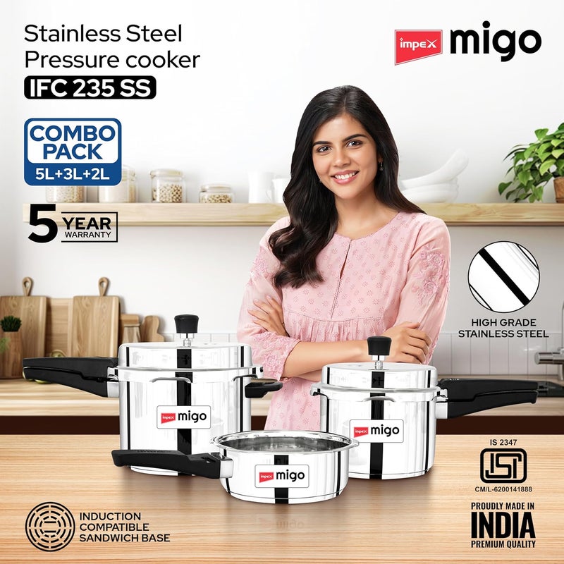 Impex Migo Stainless Steel Pressure Cooker With Outer Lid Induction And Gas Stove Compatible 2 3 5 Litre Capacity For Healthy Cooking With 5 Years Warranty - Image 2
