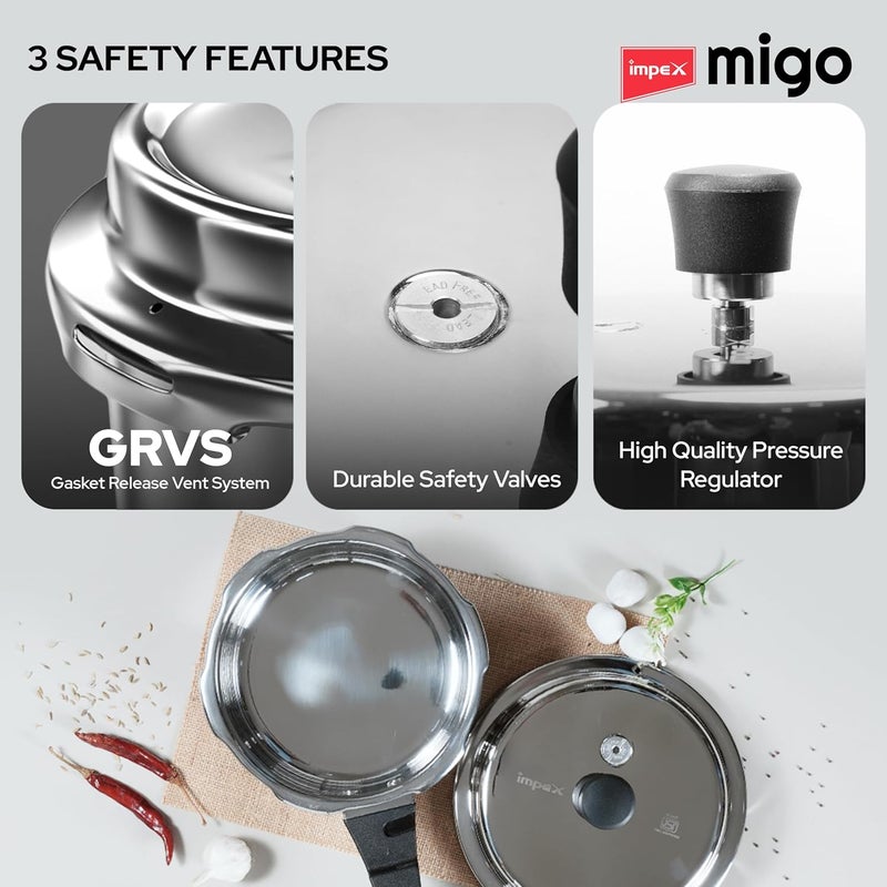 Impex Migo Stainless Steel Pressure Cooker With Outer Lid Induction And Gas Stove Compatible 2 3 5 Litre Capacity For Healthy Cooking With 5 Years Warranty - Image 3