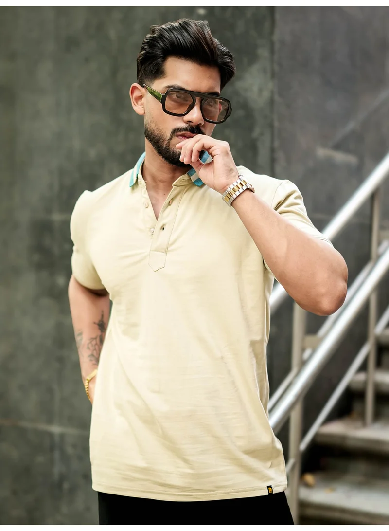 Maniac  Maniac Mens solid polo neck half placket half sleece biscuit cotton slim fit polo t-shirt for Men | Best Price UAE