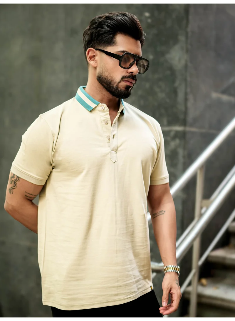 Maniac  Maniac Mens solid polo neck half placket half sleece biscuit cotton slim fit polo t-shirt for Men | Best Price UAE