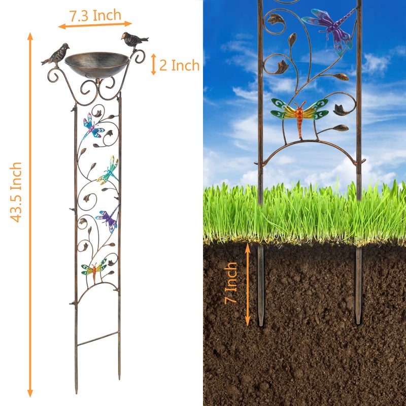 SUNNYPARK Bird Bath with Trellis Outdoor, Antique Garden Iron Plant Trellis with Decorative Dragonfly Detachable Bird Bath Bowl Metal Potted Plant Support for Climbing Flowers - Image 4