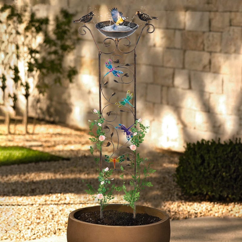 SUNNYPARK Bird Bath with Trellis Outdoor, Antique Garden Iron Plant Trellis with Decorative Dragonfly Detachable Bird Bath Bowl Metal Potted Plant Support for Climbing Flowers - Image 5