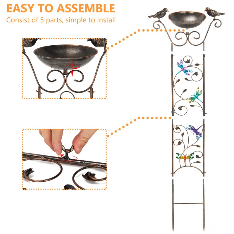 SUNNYPARK Bird Bath with Trellis Outdoor, Antique Garden Iron Plant Trellis with Decorative Dragonfly Detachable Bird Bath Bowl Metal Potted Plant Support for Climbing Flowers - Image 3