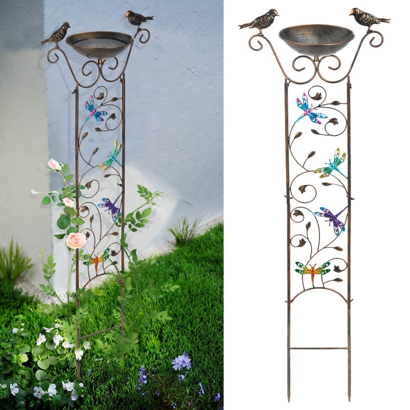 SUNNYPARK Bird Bath with Trellis Outdoor, Antique Garden Iron Plant Trellis with Decorative Dragonfly Detachable Bird Bath Bowl Metal Potted Plant Support for Climbing Flowers - Image 1