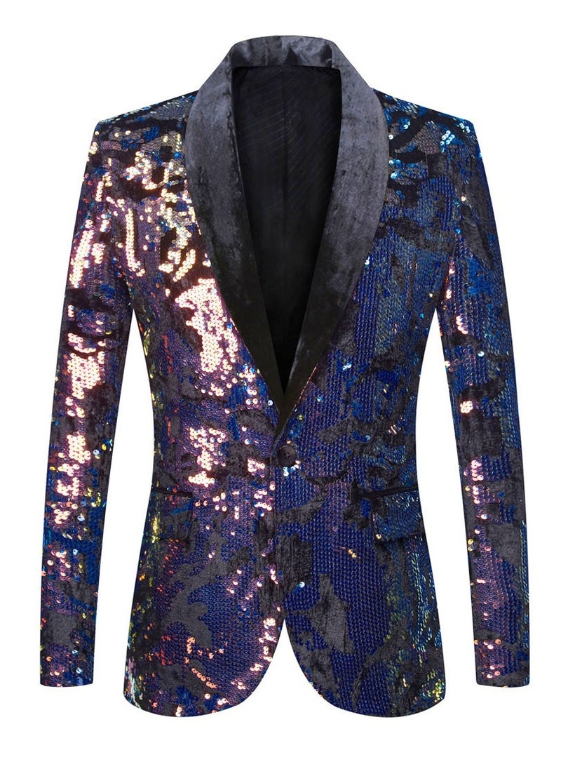 Shougu Men's Map Blue Purple Velvet Sequin Casual Suit Jacket  - Image 1