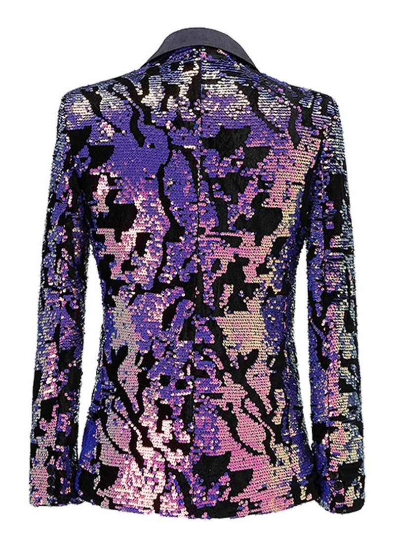 Shougu Men's Map Blue Purple Velvet Sequin Casual Suit Jacket  - Image 2