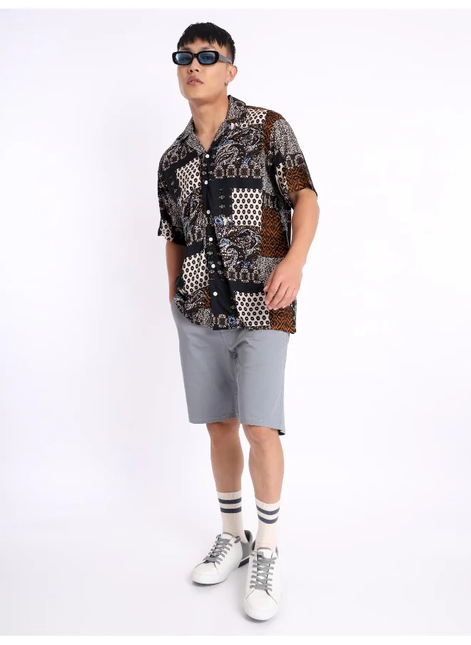 Beyoung Half Sleeve Patchwork Hawaiian Shirt for Men Multicolour