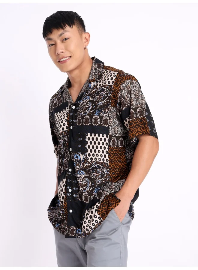 Beyoung Half Sleeve Patchwork Hawaiian Shirt for Men Multicolour