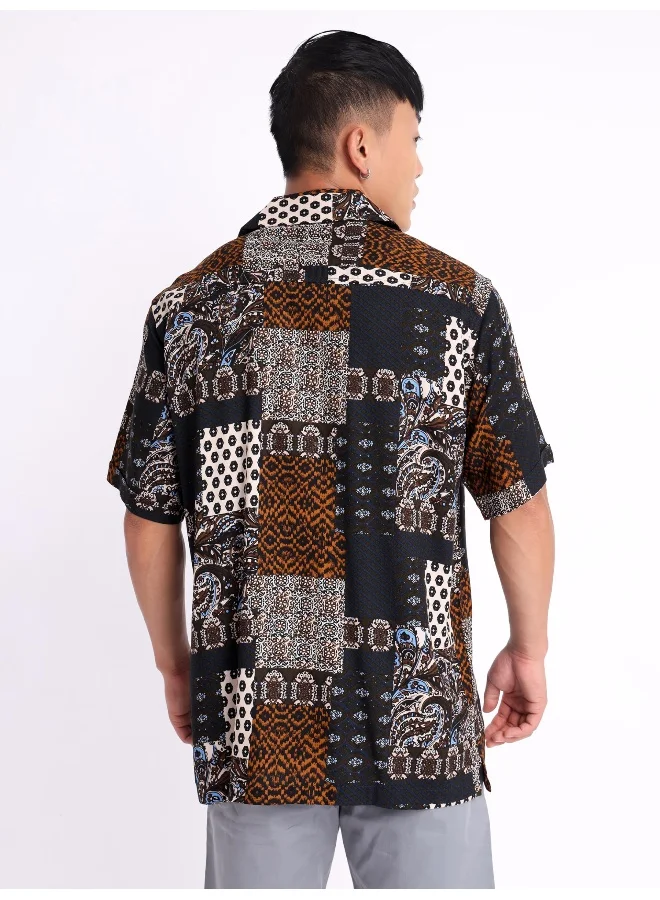 Beyoung Half Sleeve Patchwork Hawaiian Shirt for Men Multicolour