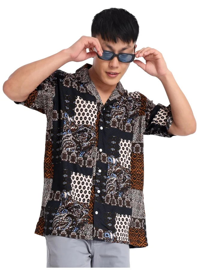 Beyoung Half Sleeve Patchwork Hawaiian Shirt for Men Multicolour