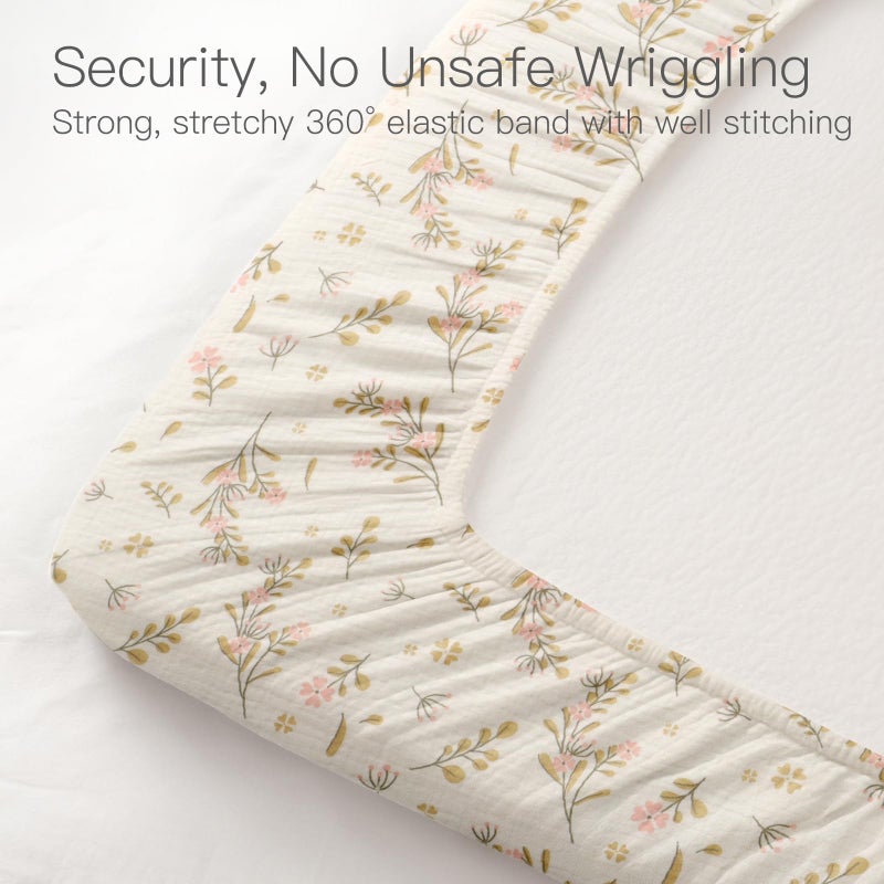 Knirose 100% Organic Cotton Baby Crib Sheets Muslin 52x28 Inches 2 Pack Soft Fitted Crib Mattress Sheet for Baby Girls, Boho Toddler Bed Sheets Fits Well Standard Size Crib Mattress 28x52 Inches Floral & Pink - Image 5