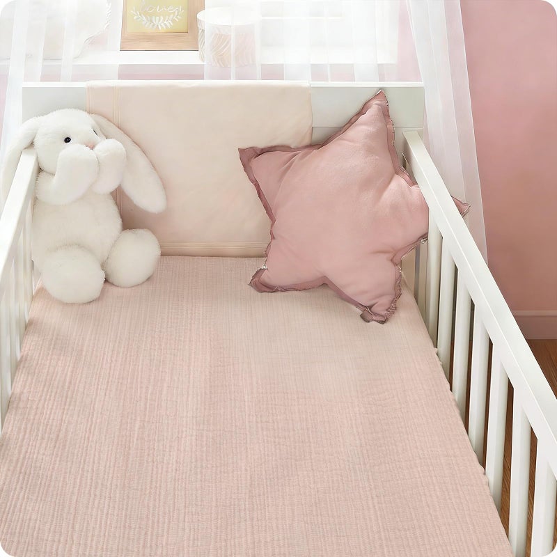 Knirose 100% Organic Cotton Baby Crib Sheets Muslin 52x28 Inches 2 Pack Soft Fitted Crib Mattress Sheet for Baby Girls, Boho Toddler Bed Sheets Fits Well Standard Size Crib Mattress 28x52 Inches Floral & Pink - Image 2