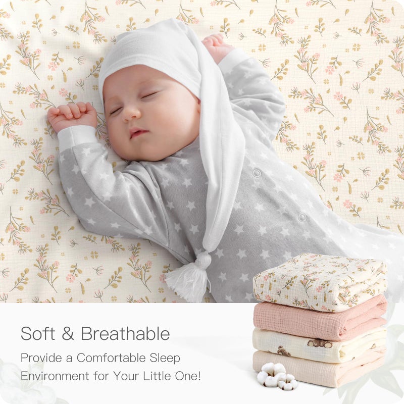 Knirose 100% Organic Cotton Baby Crib Sheets Muslin 52x28 Inches 2 Pack Soft Fitted Crib Mattress Sheet for Baby Girls, Boho Toddler Bed Sheets Fits Well Standard Size Crib Mattress 28x52 Inches Floral & Pink - Image 3