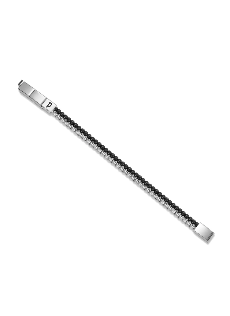 بوليس Double Impact Onyx Beads Stainless Steel Box Chain Gents Bracelet
